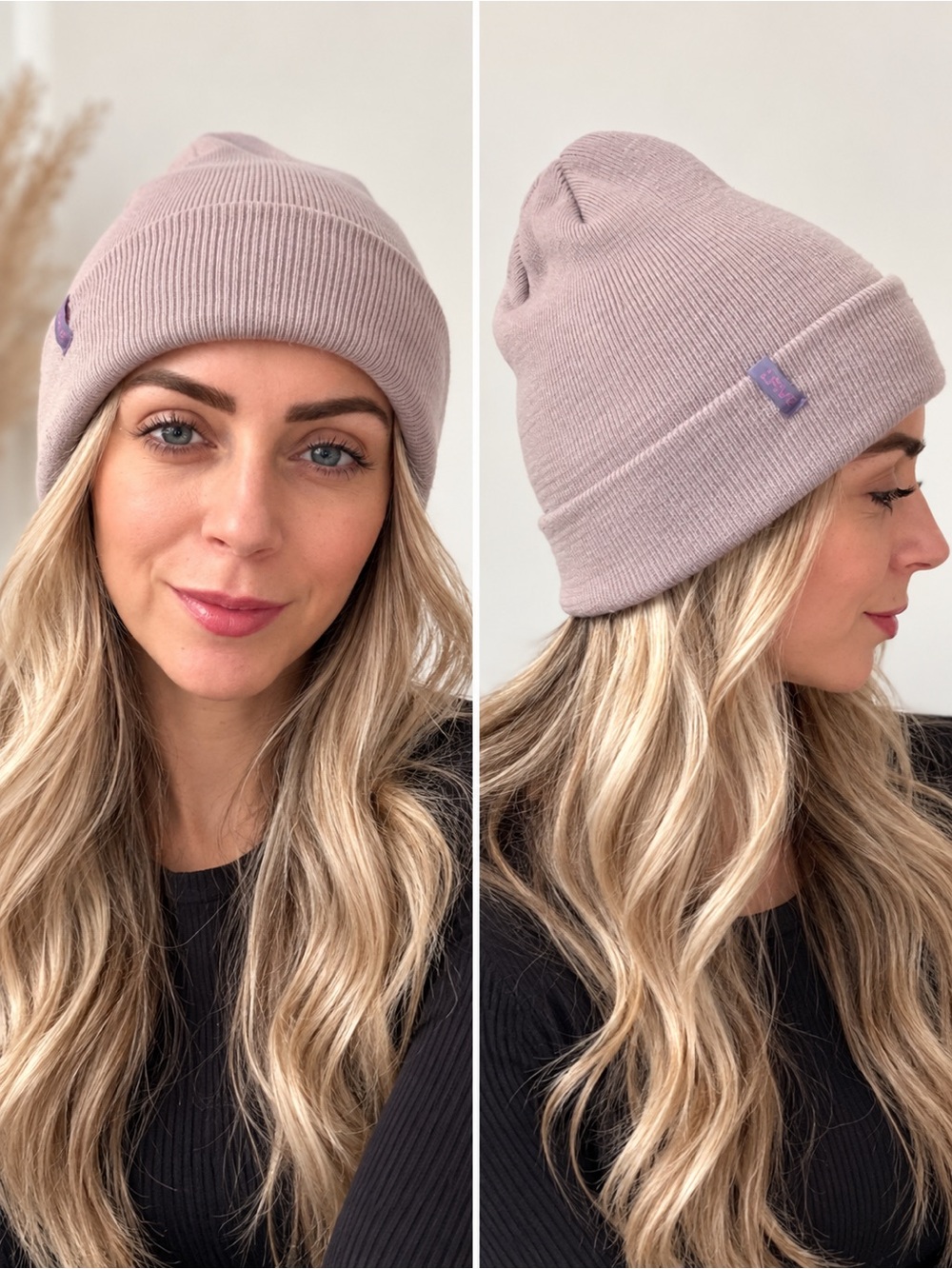 Mauve Knit Beanie with Cuffed Brim